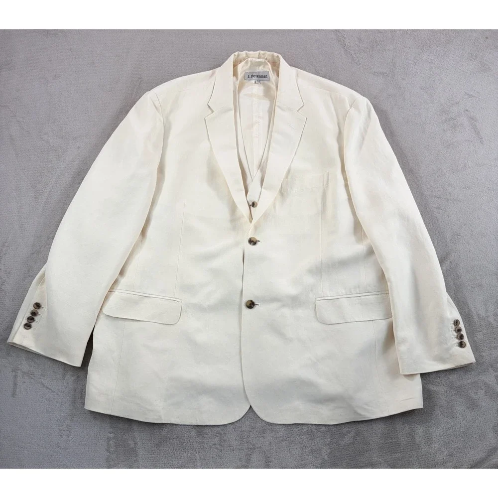 J.Peterman Blazer Sport Coat Jacket & Vest Set in Ivory Silk Linen Blend Men 56